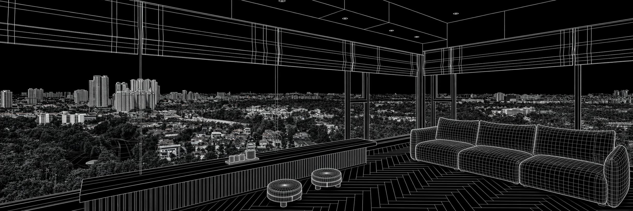 Wireframe of an apartment interior overlooking the city