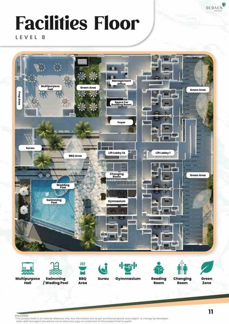 Dedaun Residensi Level 6 facilities plan with pools, gym, surau and gardens