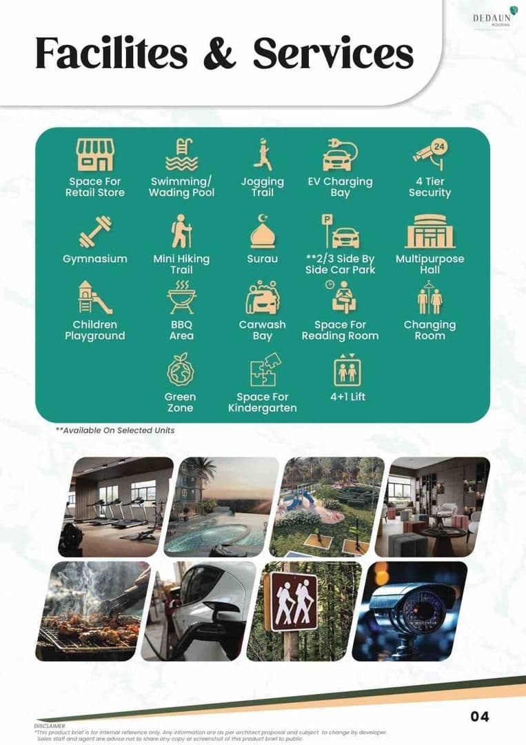 Dedaun Residensi facilities and services including pools, gym, childcare and EV charging