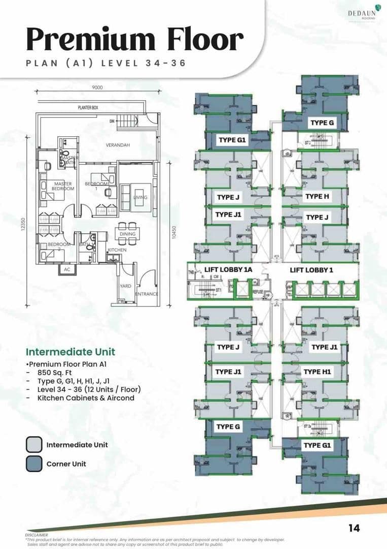 Dedaun Residensi premium floor plan with intermediate and corner unit layouts