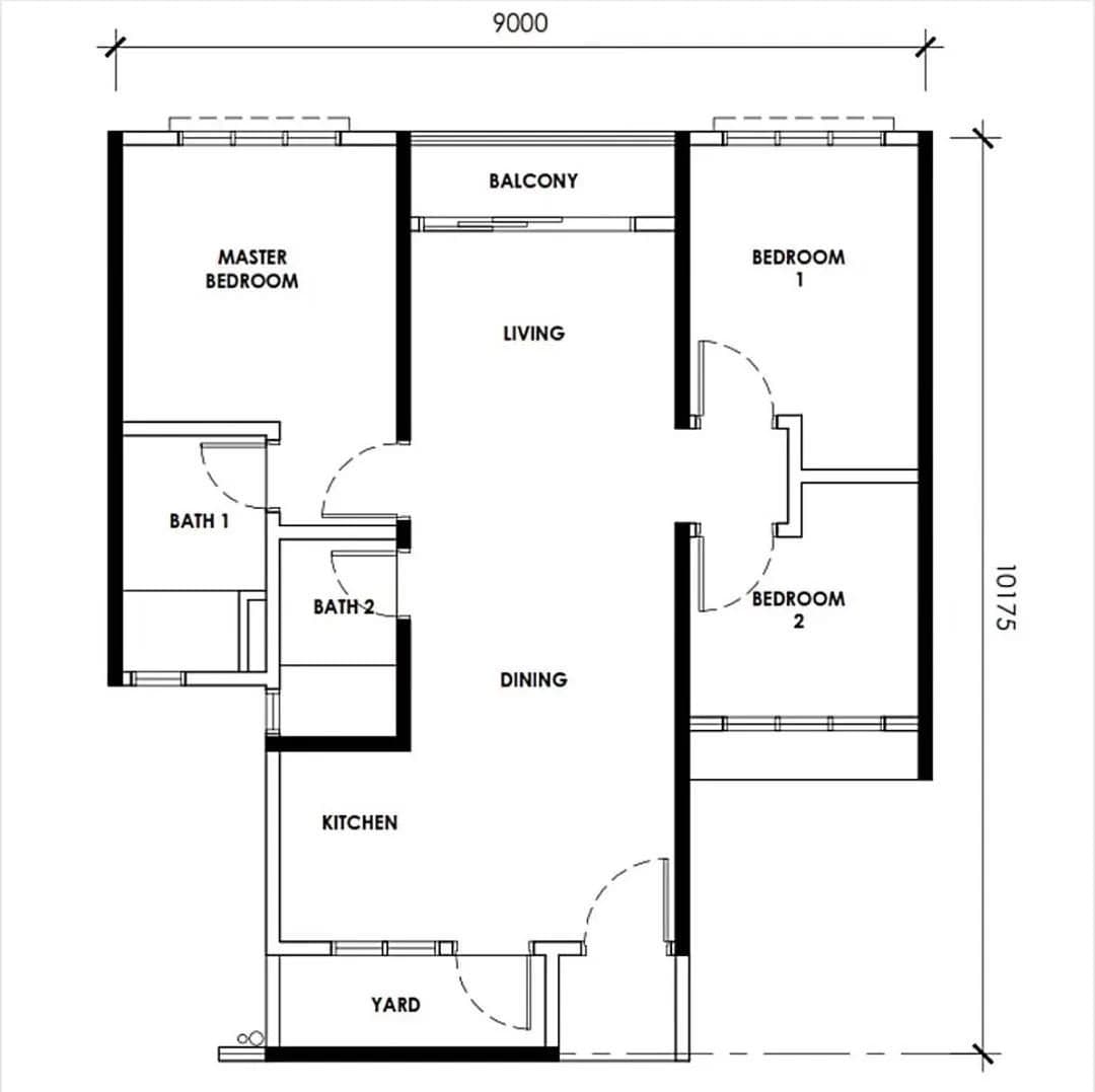 RUMAWIP Taman Melati dimensioned three-bedroom apartment floor plan with two bathrooms