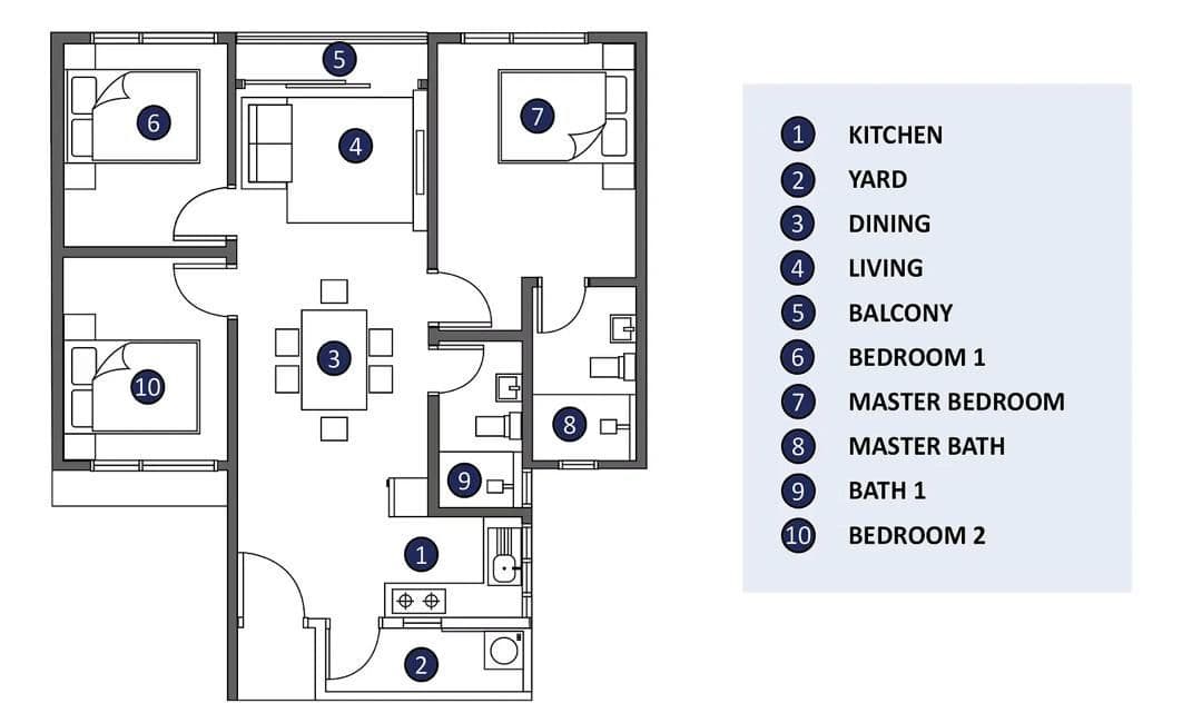 RUMAWIP Taman Melati labelled three-bedroom apartment floor plan with kitchen, yard and balcony