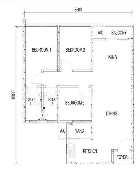 RUMAWIP Tepian Tasik three-bedroom apartment floor plan with balcony and yard