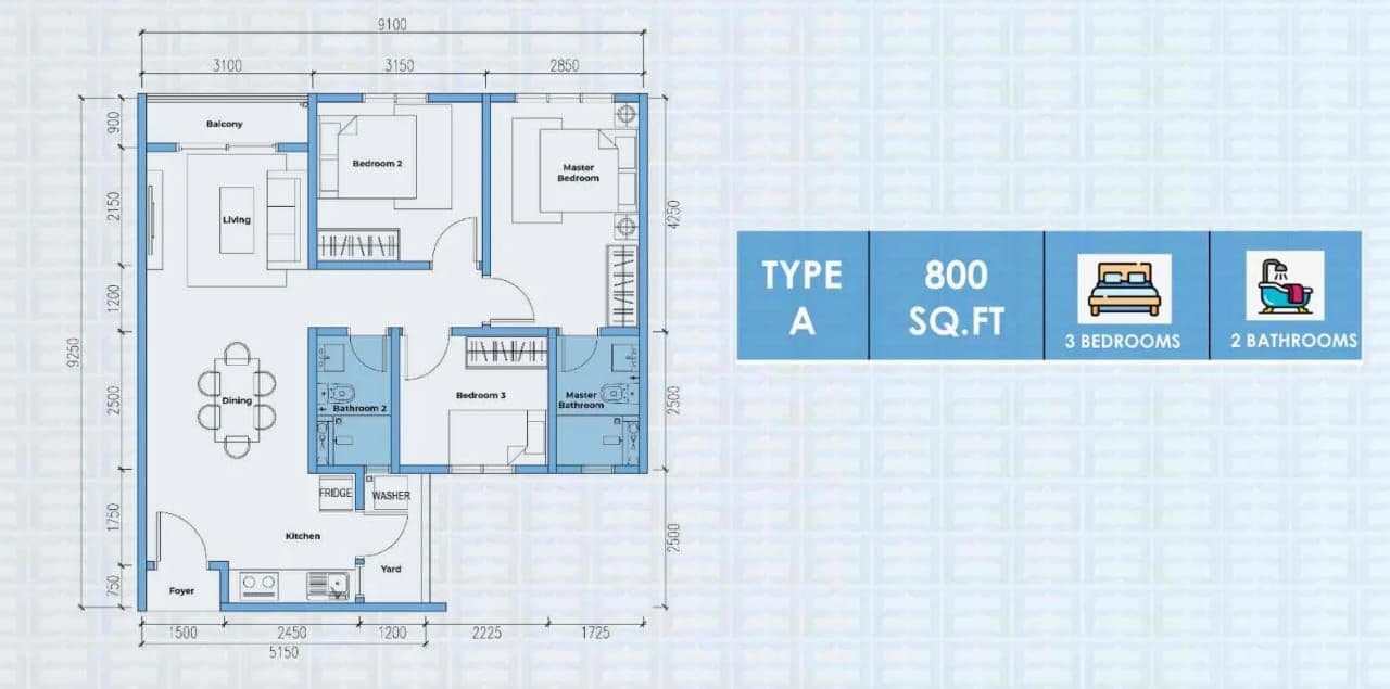 Rumawip Radium Evara Kepong Type A 800 sq ft three-bedroom and two-bathroom floor plan