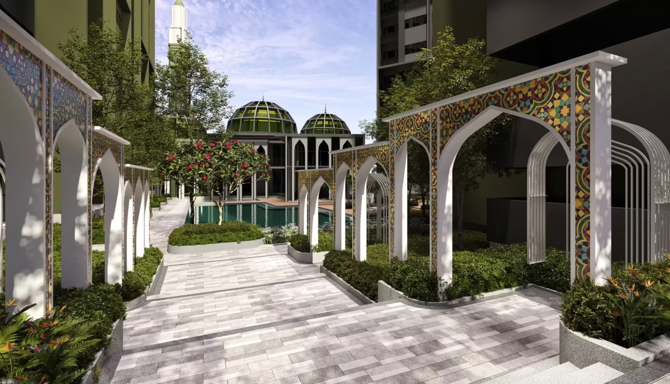 Residensi Flora Hijauan landscaped walkway framed by decorative Islamic arches