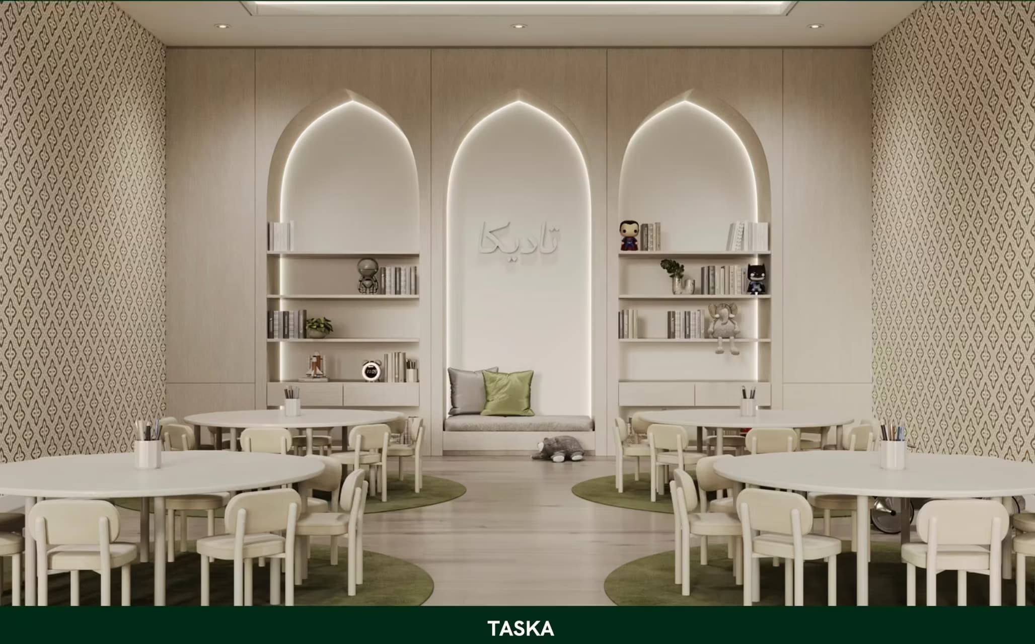 Residensi Flora Hijauan childcare classroom with tables, shelves and arched wall details