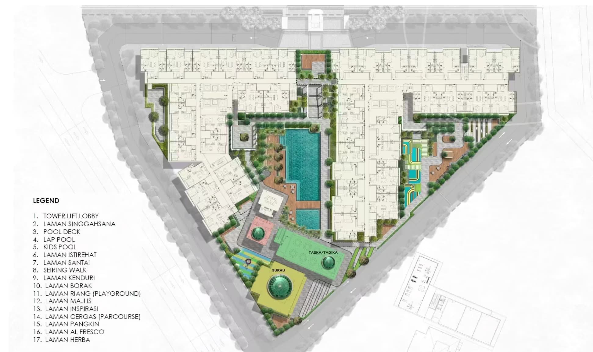 Residensi Flora Hijauan podium facilities plan with pools, playground and gardens