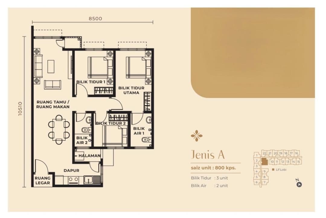 Residensi Madani Serunai Type A 800 sq ft three-bedroom apartment floor plan