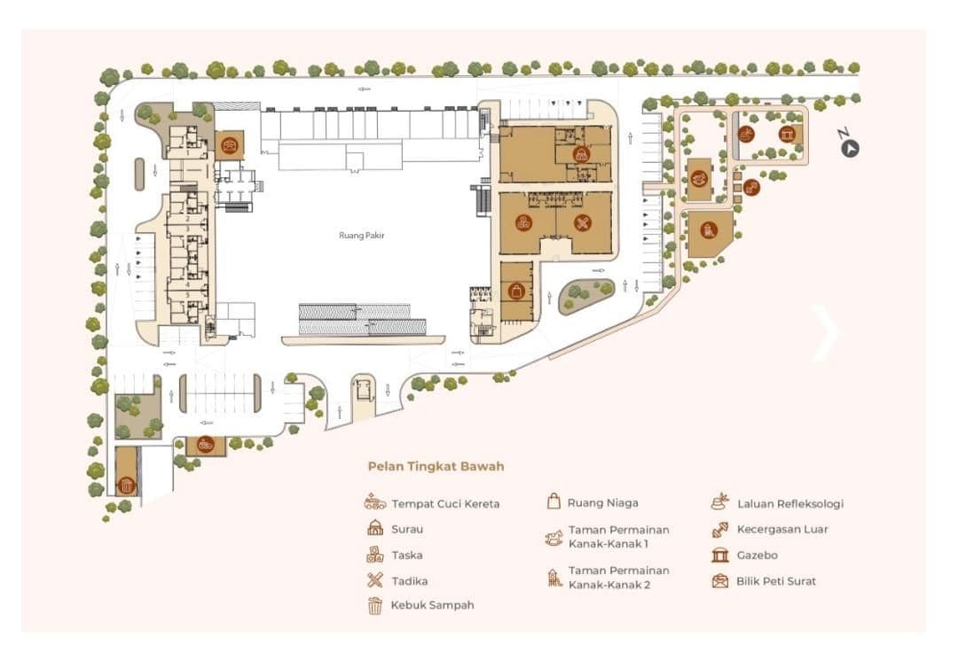 Residensi Madani Serunai ground-level facilities plan with surau, nursery, shops and gardens