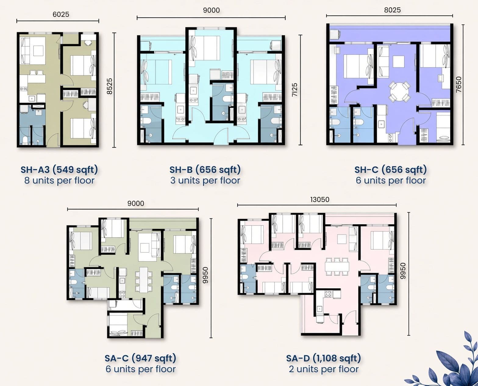 Sapphire Selayang five apartment floor plans ranging from 549 to 1108 sq ft