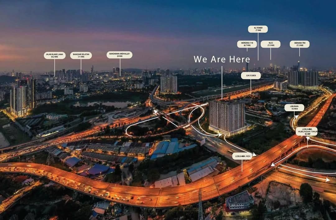 RUMAWIP Vista Adesa aerial night view with nearby Kuala Lumpur landmarks labelled