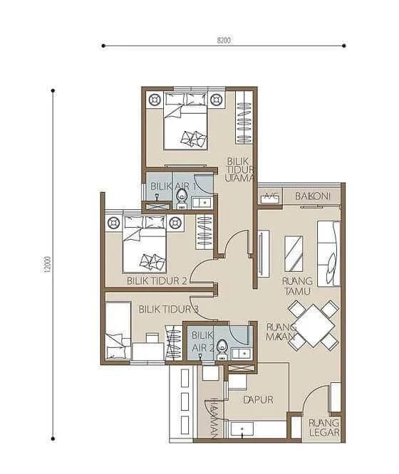 RUMAWIP Vista Adesa three-bedroom apartment floor plan with two bathrooms
