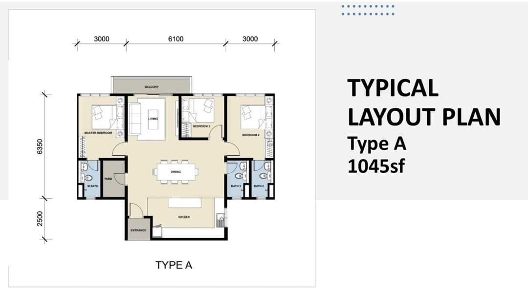 Serene Heights Type A 1,045 sq ft three-bedroom floor plan