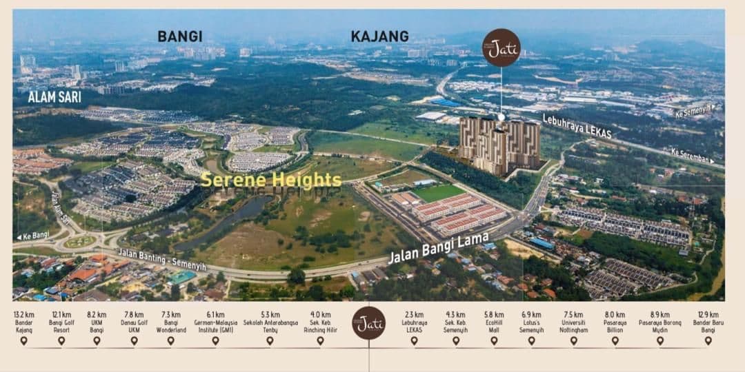 Aerial map of Serene Heights showing distances to Bangi, Kajang and the LEKAS highway