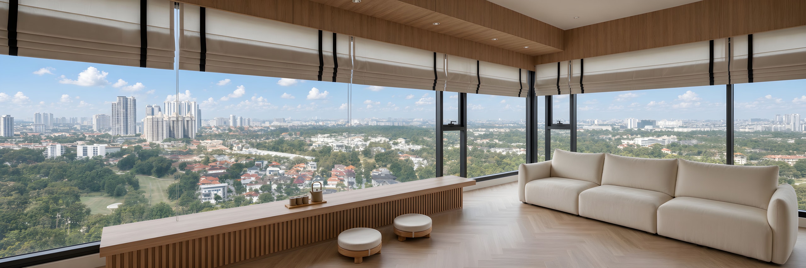 Open Market condominium living room with floor-to-ceiling windows and panoramic suburban views