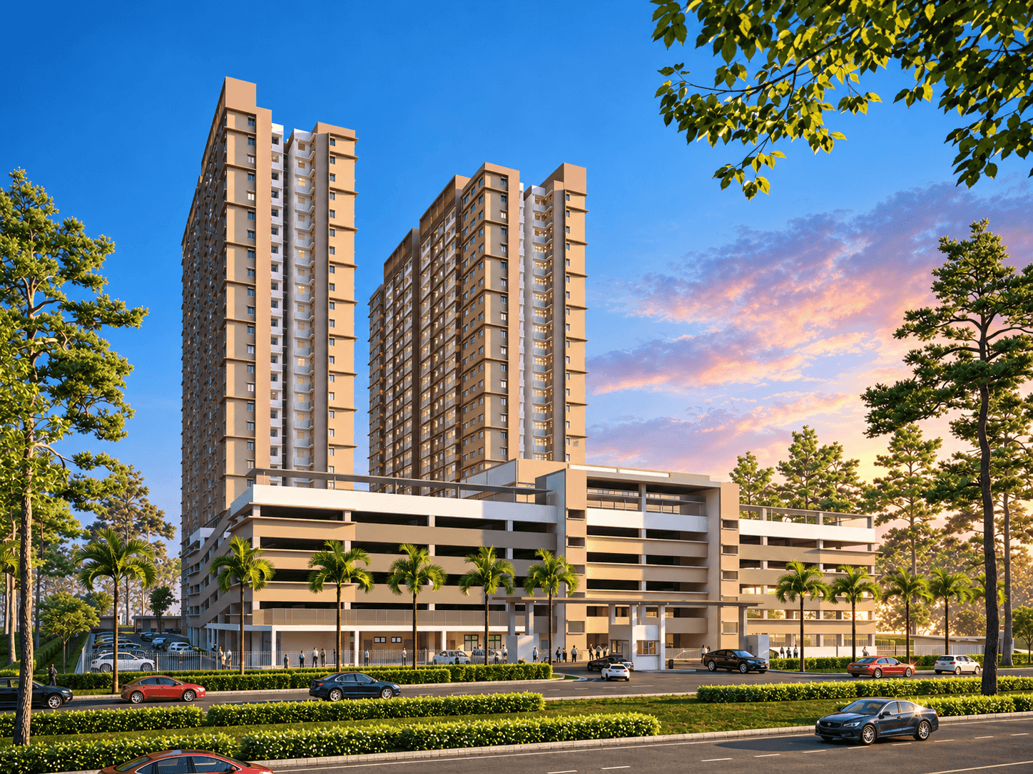 Residensi Madani Melur apartment towers above a multistorey parking podium along the main road
