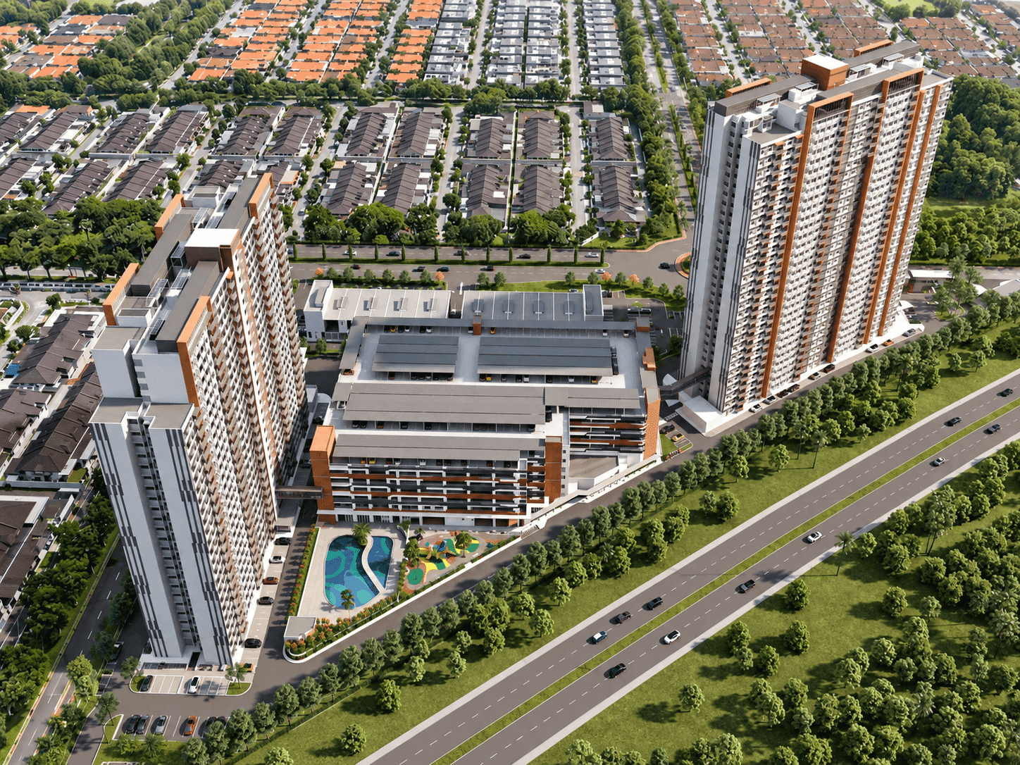 Selangorku Bukit Raja apartment blocks with parking podium and swimming pool beside a highway