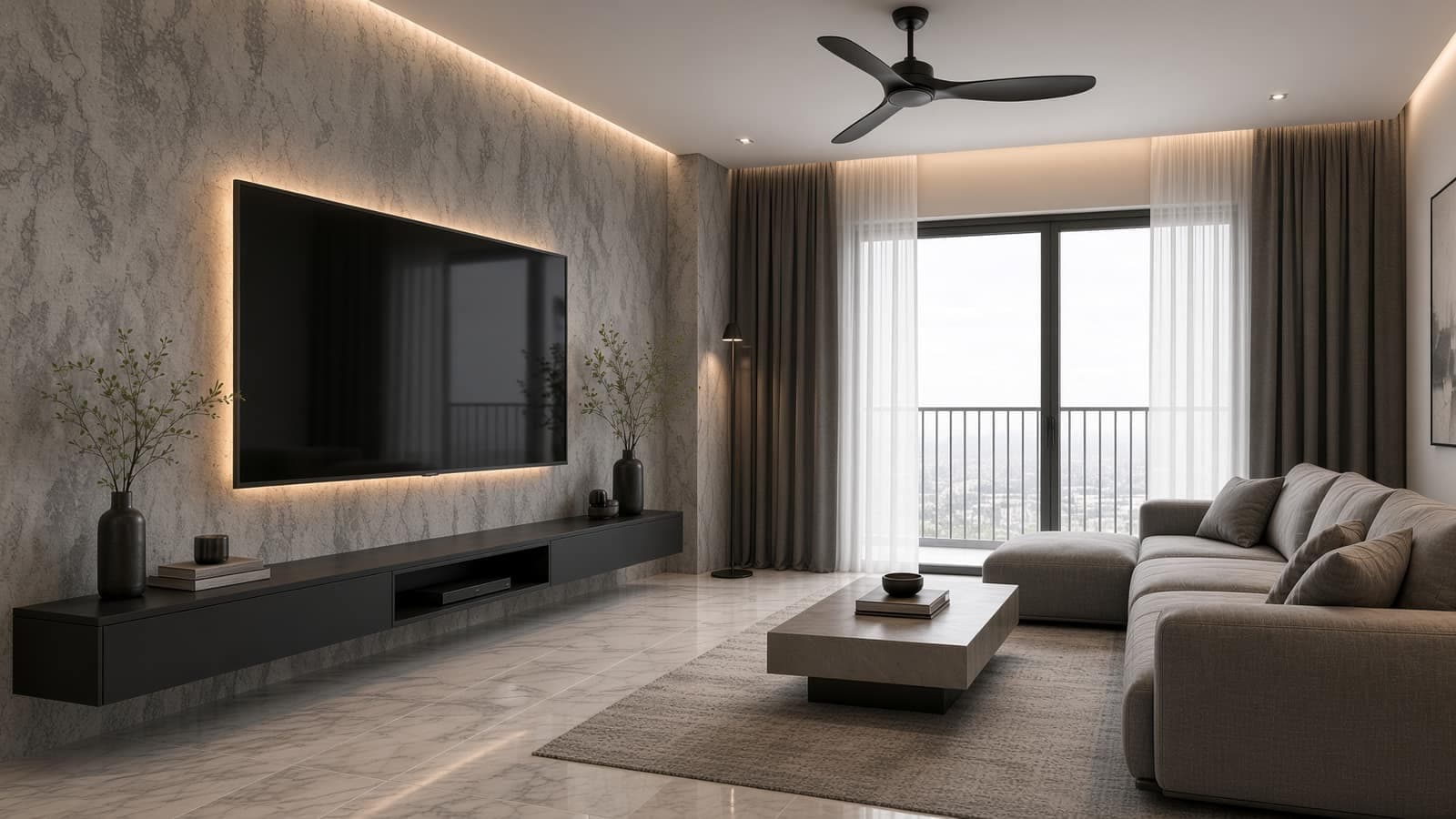Modern apartment living room with a city view