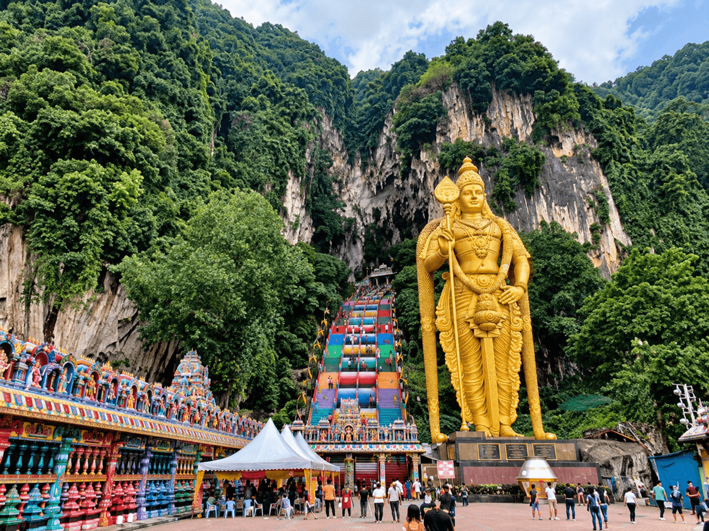 The golden Lord Murugan statue and rainbow-coloured steps at the entrance to Batu Caves in Gombak, Selangor
