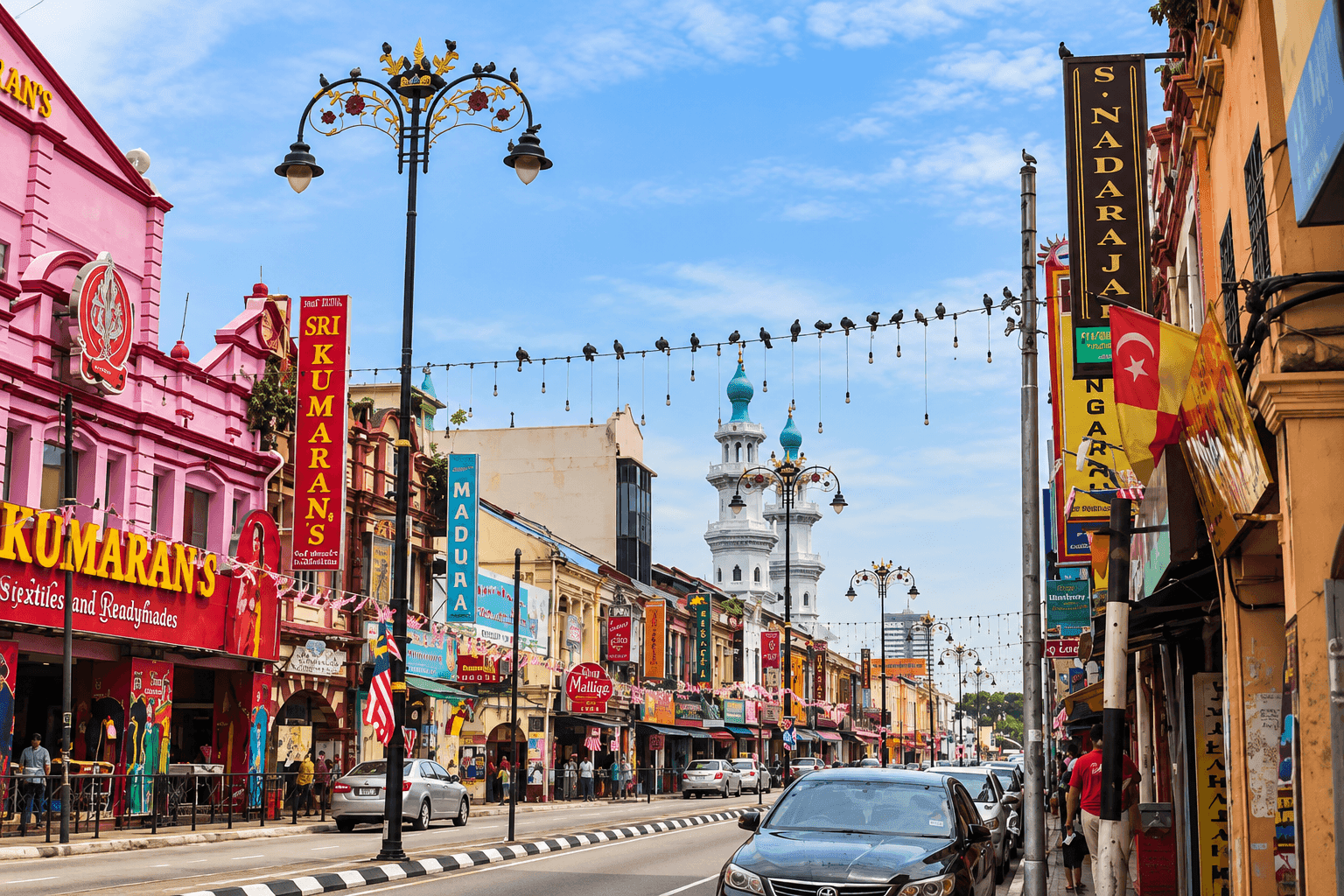 Colourful shophouses and textile shops along the Little India stretch of Klang, Selangor, with mosque minarets rising behind