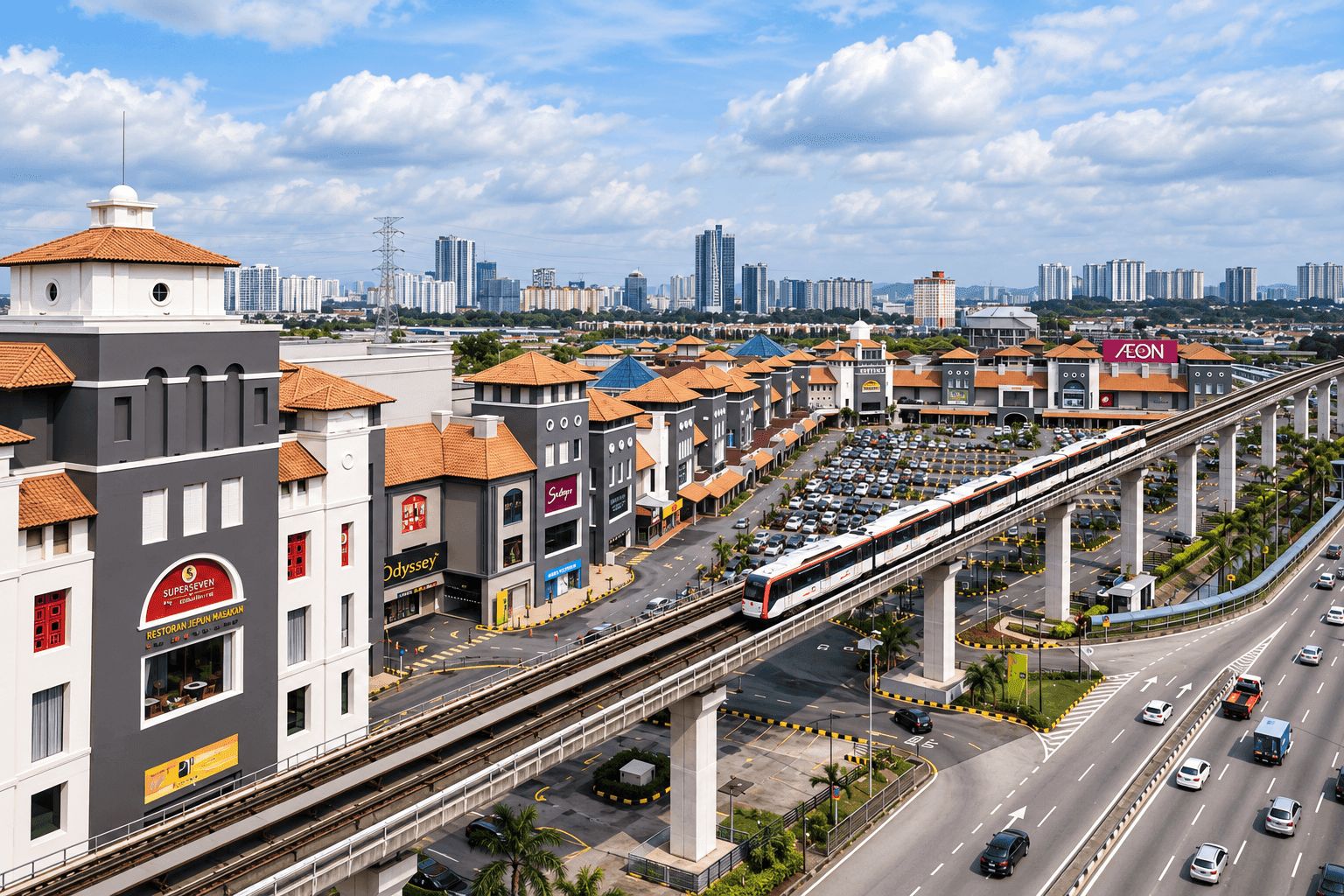 An LRT train on the elevated line past shophouses and the AEON mall in Puchong, Selangor, with high-rise towers on the skyline