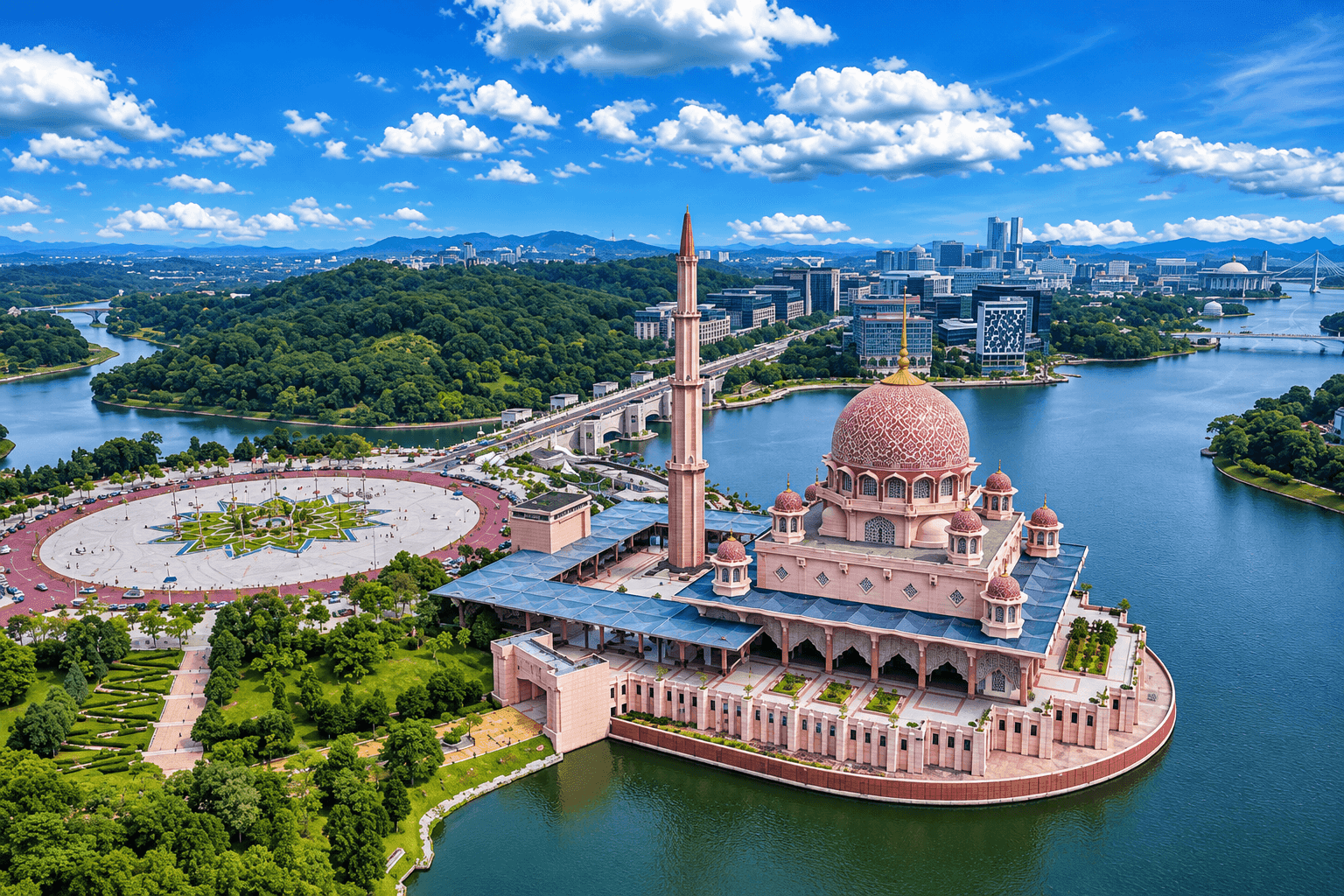 Aerial view of Putra Mosque and Dataran Putra beside Putrajaya Lake, with the Putrajaya government district behind
