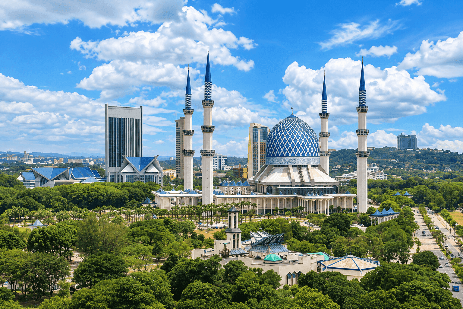The blue dome and four minarets of Sultan Salahuddin Abdul Aziz Mosque rising above the trees in Shah Alam, Selangor