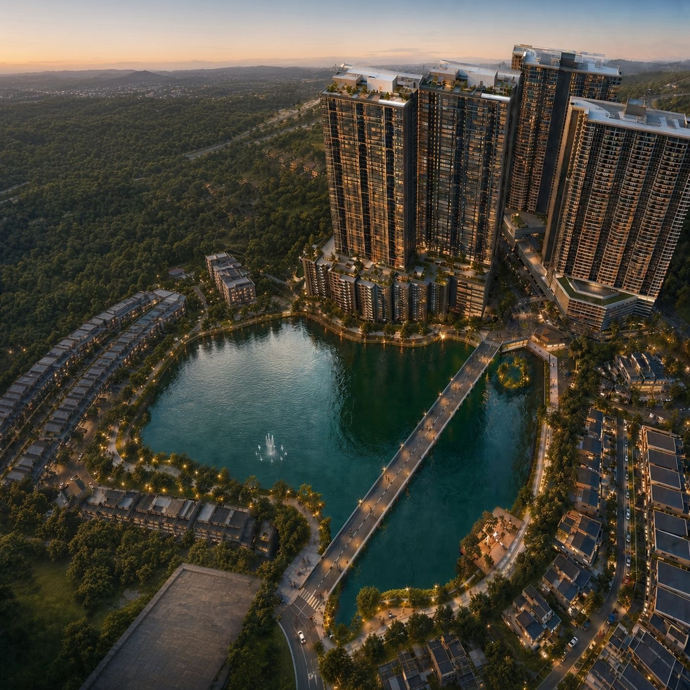 PPAM Tepian Tasik Lake Fields residential towers surrounding a landscaped lake at dusk
