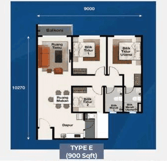 RSKU Bandar Bukit Raja Type E 900 sq ft apartment floor plan