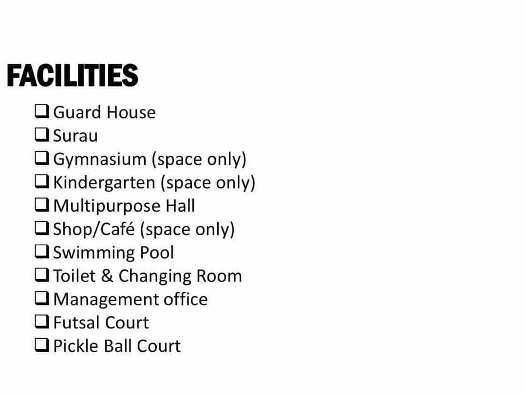 RSKU Serasi Eco Majestic Semenyih checklist of pool, gym, hall and sports facilities