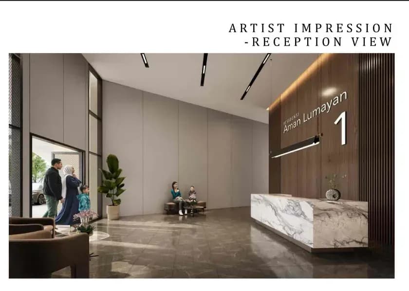RUMAWIP Bandar Sri Permaisuri reception lobby with marble desk and timber feature wall