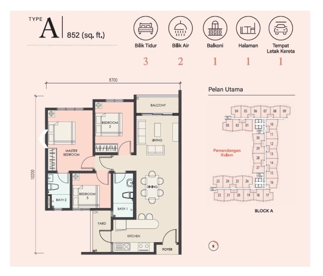 RUMAWIP Residensi Kirana Salak Selatan Type A 852 sq ft three-bedroom floor plan