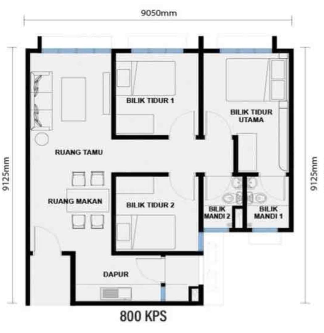 RUMAWIP Residensi Sentral Putrajaya 800 sq ft three-bedroom apartment floor plan