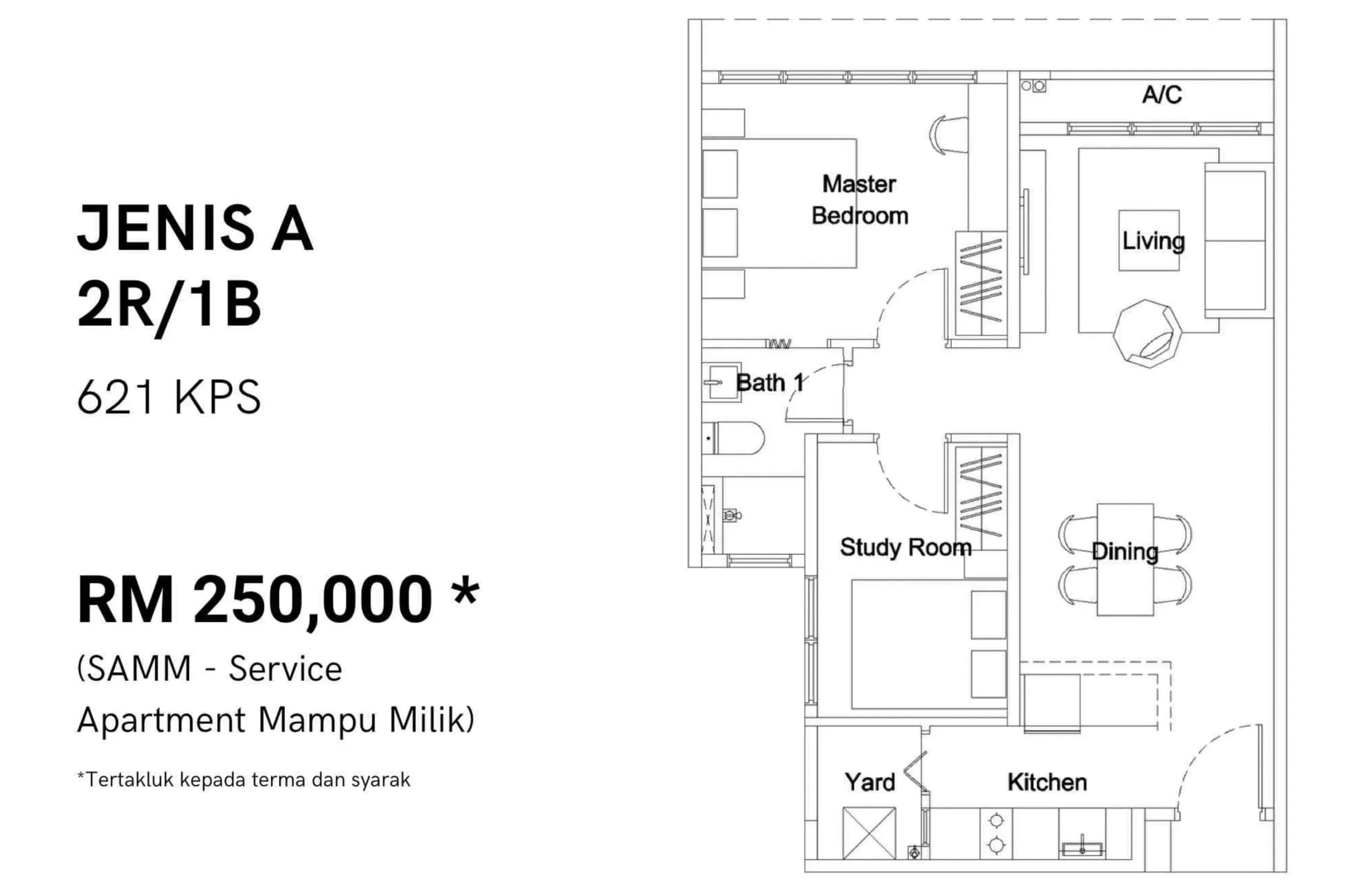 Residensi Flora Hijauan Type A 621 sq ft two-bedroom apartment floor plan
