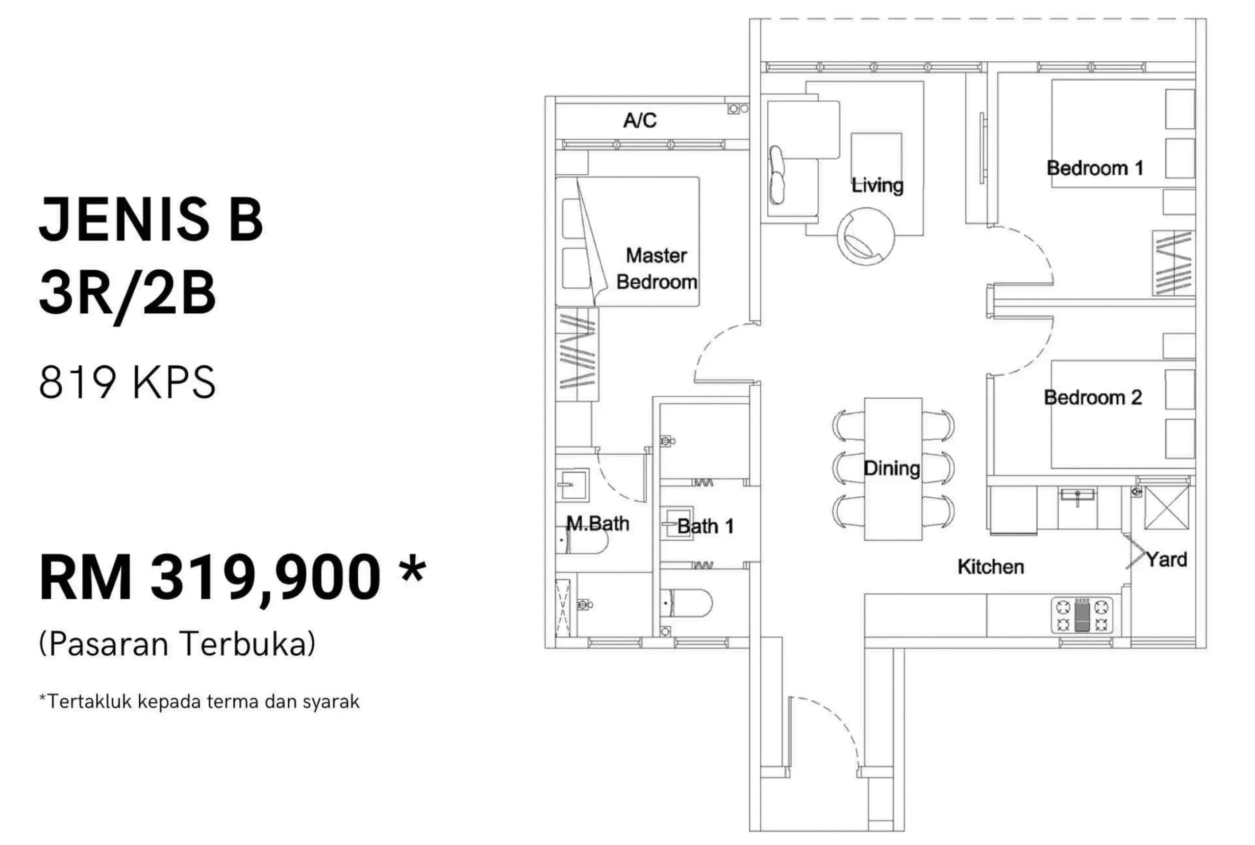 Residensi Flora Hijauan Type B 819 sq ft three-bedroom apartment floor plan