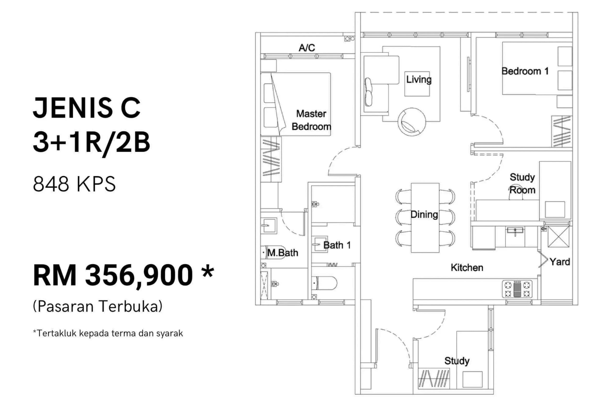 Residensi Flora Hijauan Type C 848 sq ft three-bedroom plus study floor plan