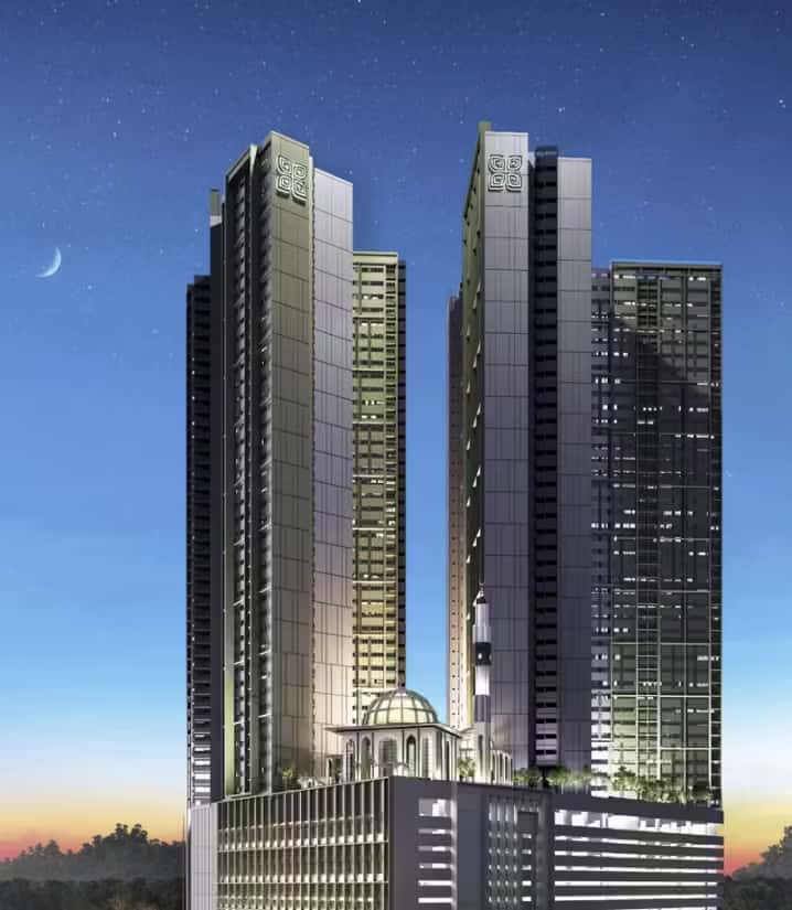 Residensi Flora Hijauan twin apartment towers and podium at dusk