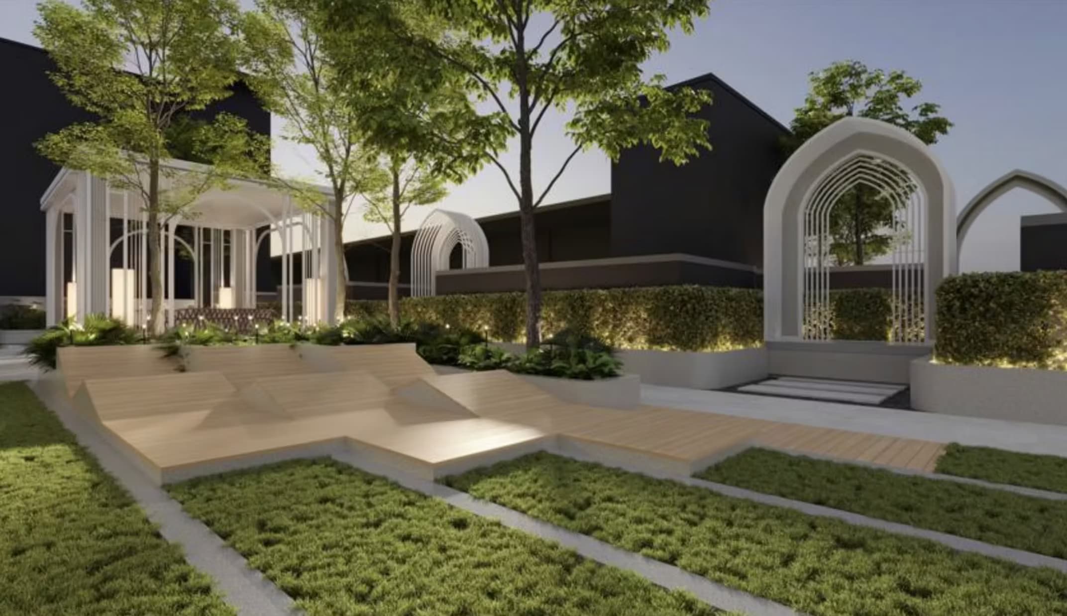 Residensi Flora Hijauan landscaped stepping path leading to an arched garden pavilion