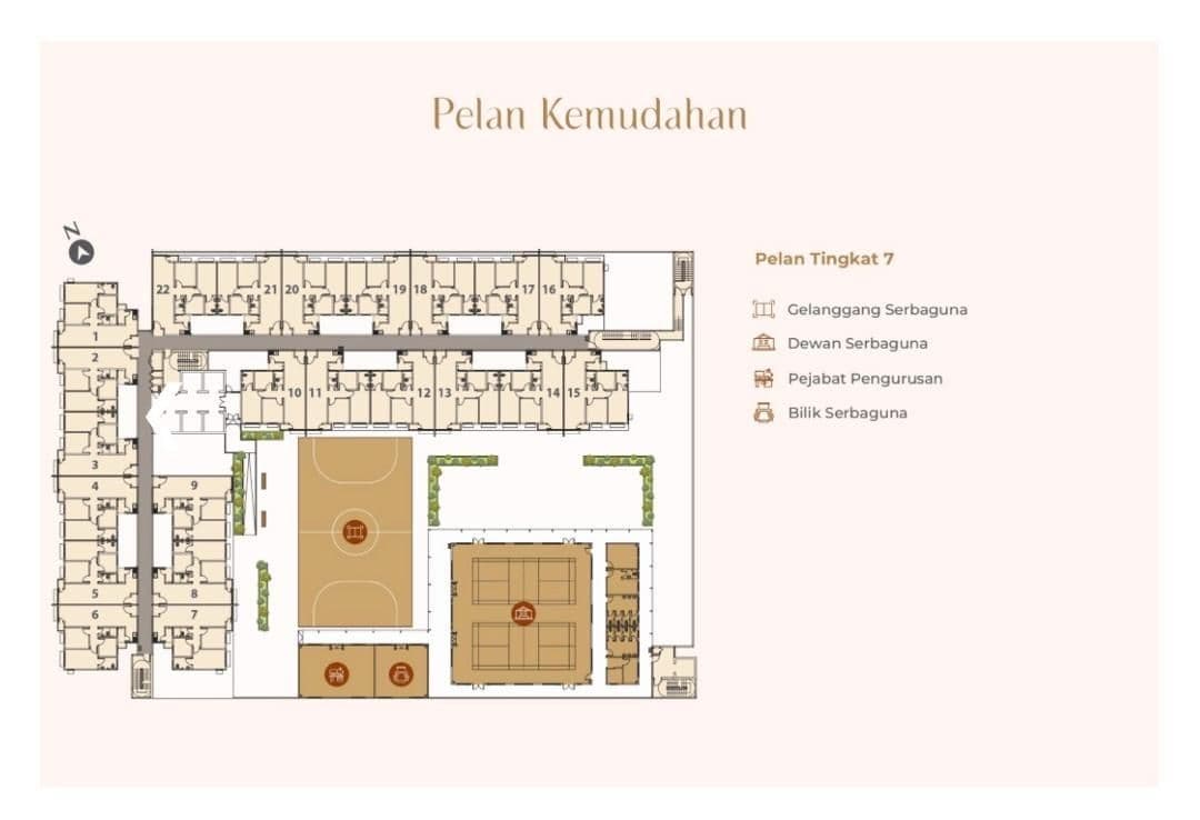 Residensi Madani Serunai Level 7 facilities plan with multipurpose courts and community rooms
