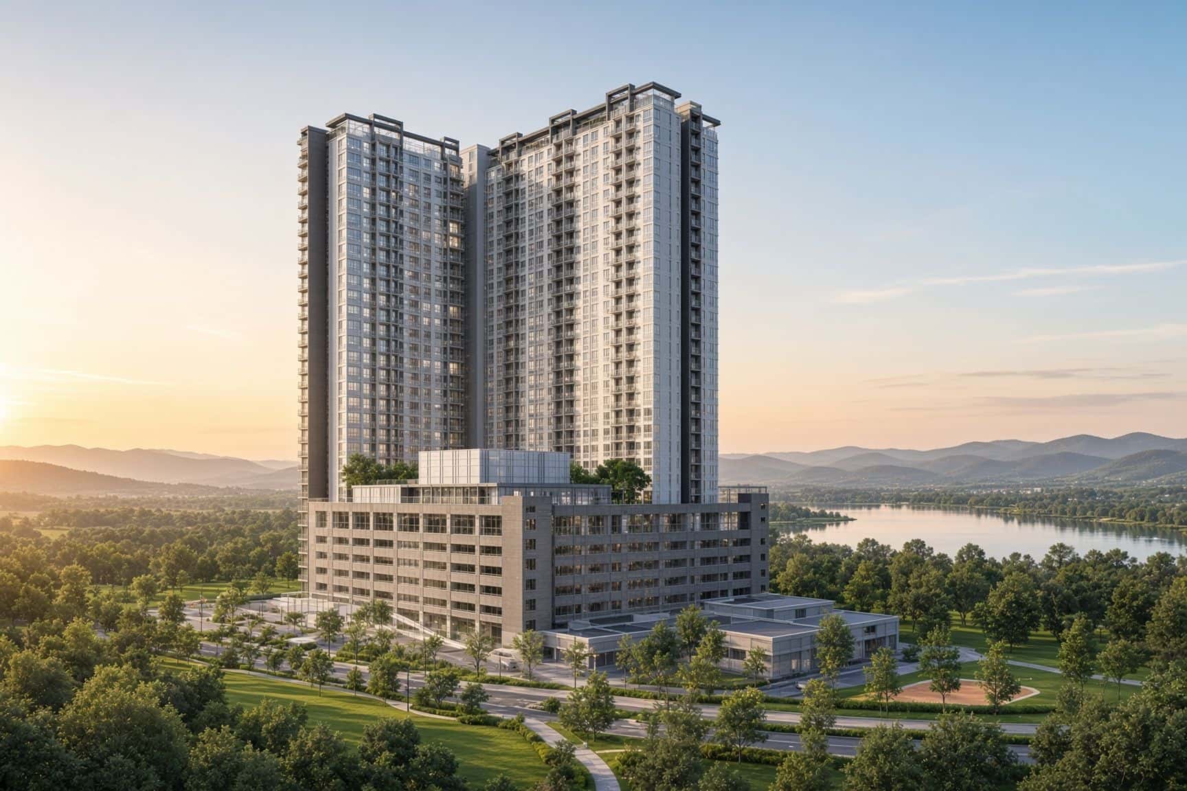 Residensi Madani Serunai residential tower above a multistorey podium near the lake