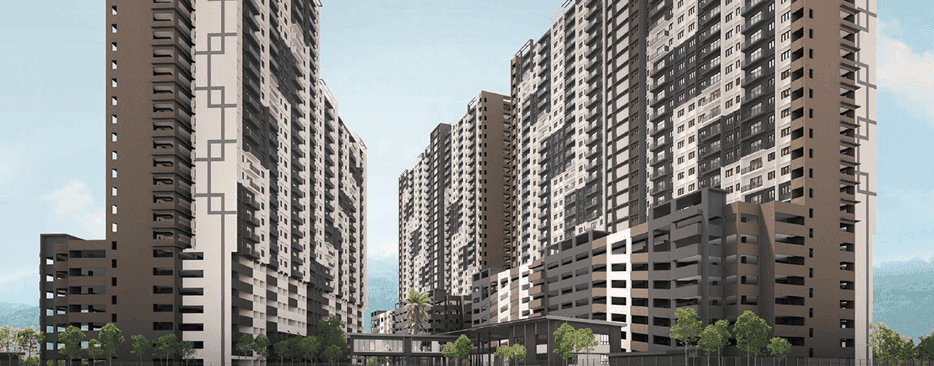 Serene Heights apartment towers with multi-storey parking podium against hills